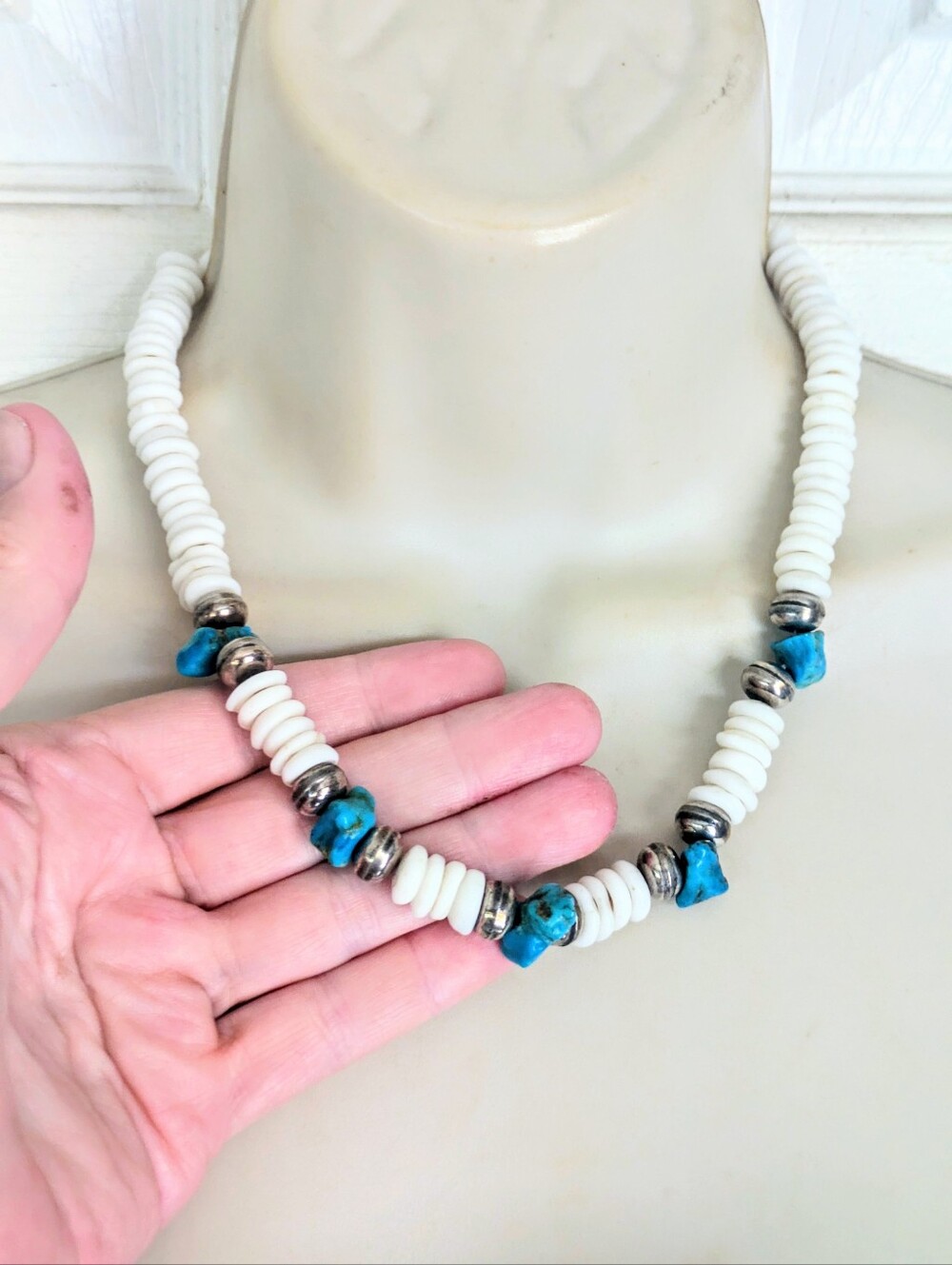 Vintage HAWAIIAN Sterling Silver Turquoise & Puka Shell Chunky SURFER Necklace